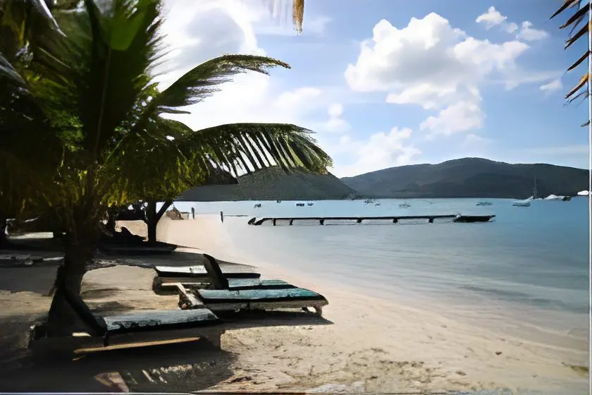 Tropical beach with palm-shaded lounge chairs