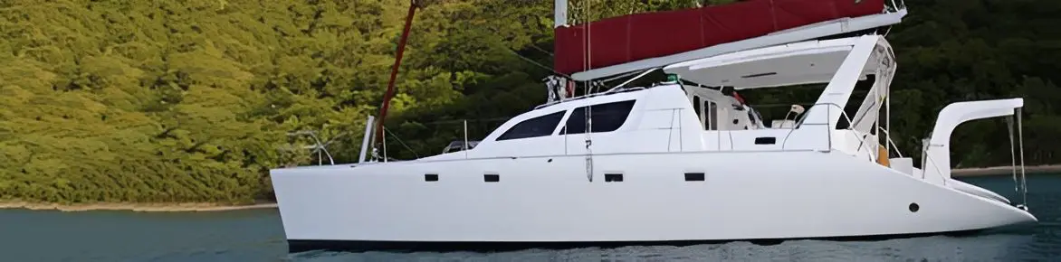 White catamaran anchored by forested shoreline