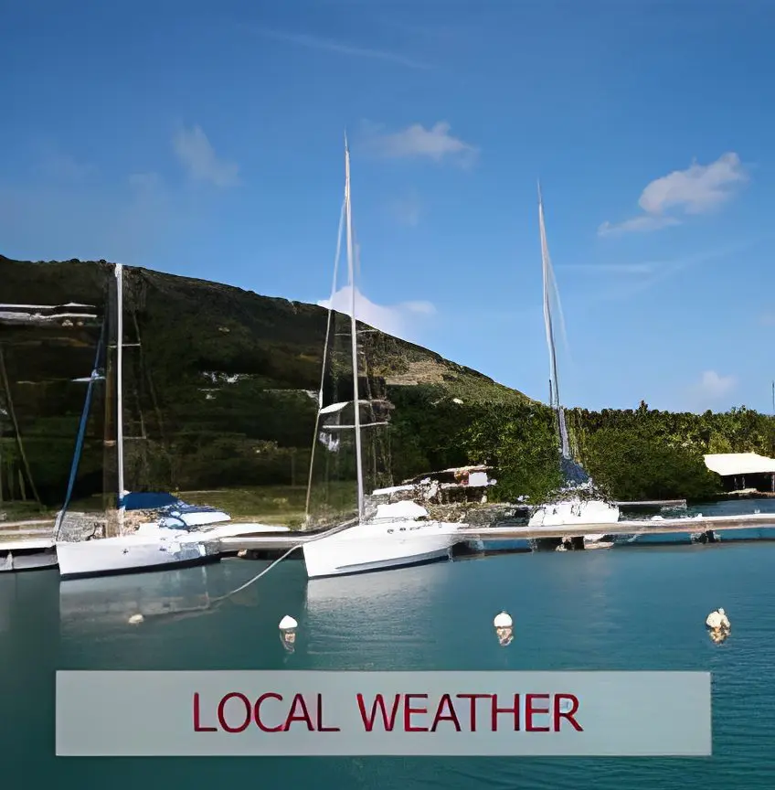 Sailboats at marina with LOCAL WEATHER banner